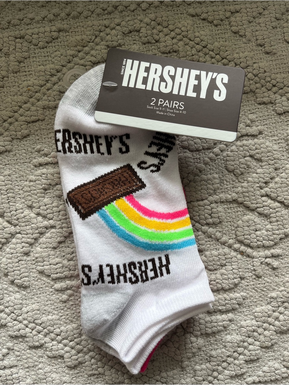 White Ankle Socks with Rainbow Chocolate Bar Graphic - 2 Pairs